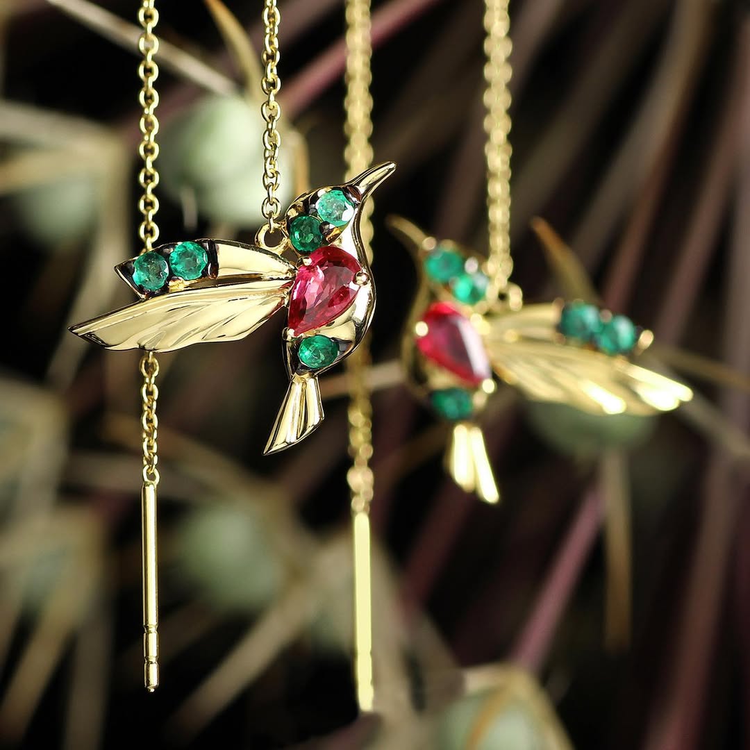 Hummingbird Enamel and Zirconia Earrings | Gold
