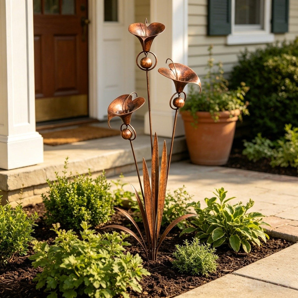 🌼Flamed Copper Three Calla Lilies Garden Stake with Bells🔔