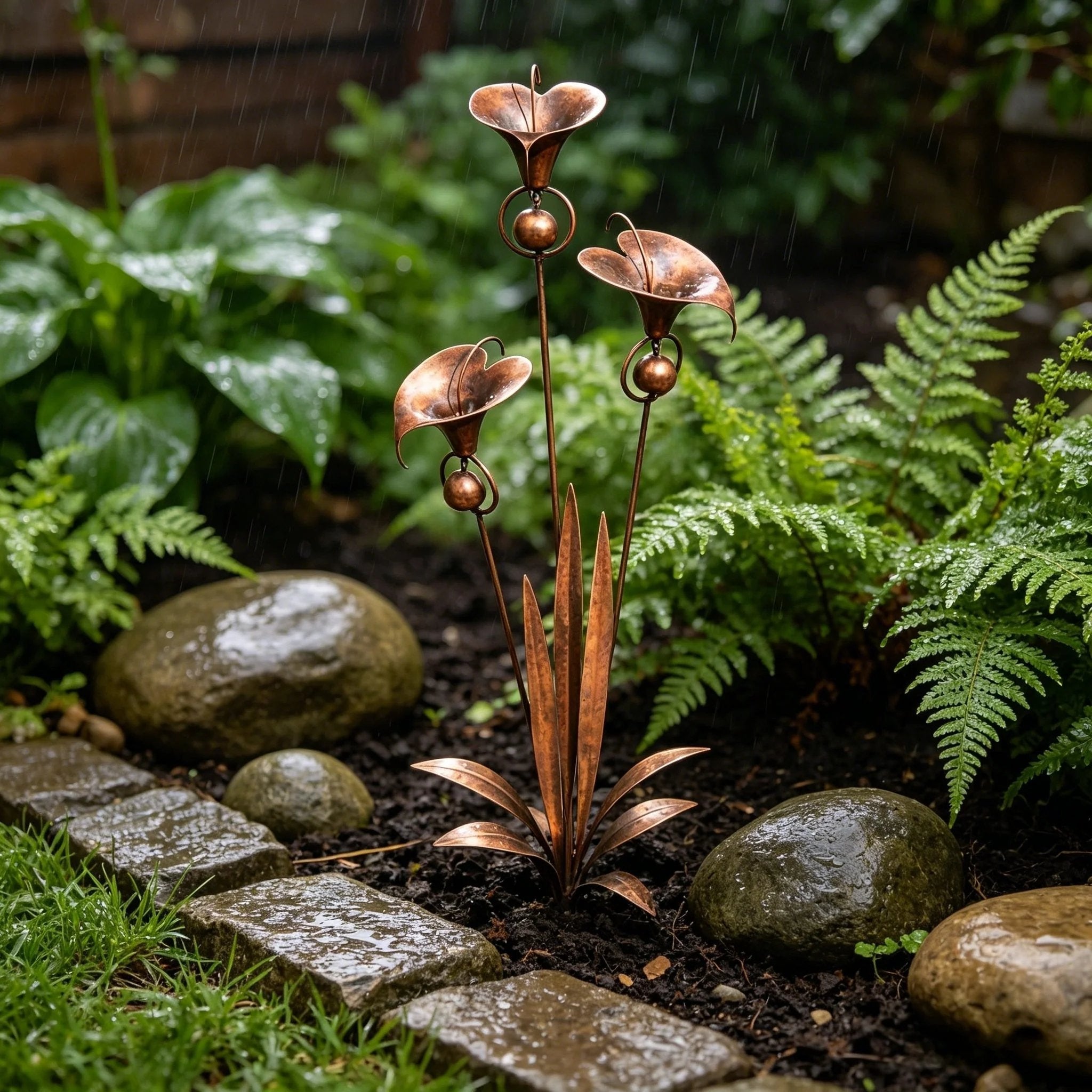 🌼Flamed Copper Three Calla Lilies Garden Stake with Bells🔔