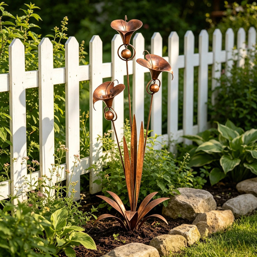 🌼Flamed Copper Three Calla Lilies Garden Stake with Bells🔔