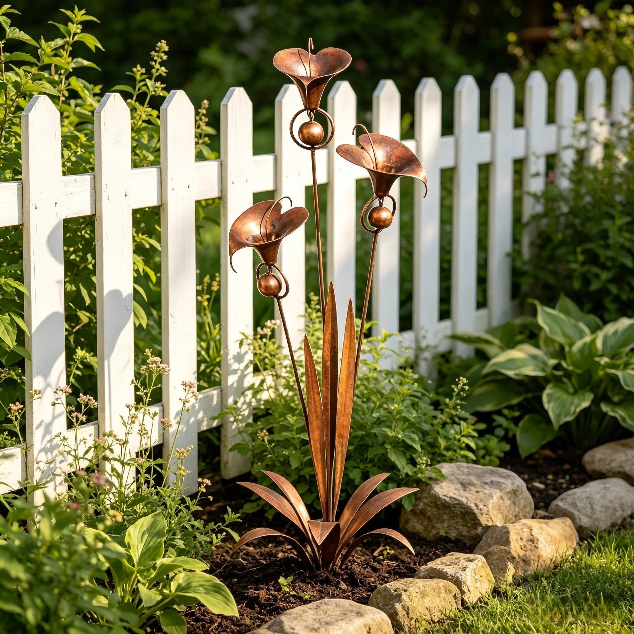 🌼Flamed Copper Three Calla Lilies Garden Stake with Bells🔔