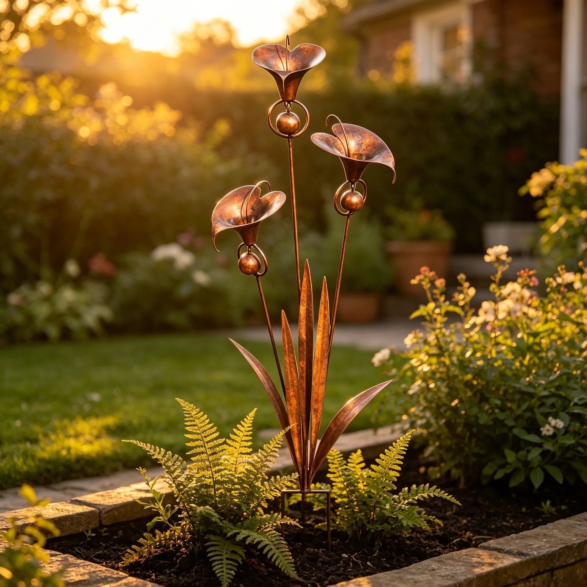 🌼Flamed Copper Three Calla Lilies Garden Stake with Bells🔔