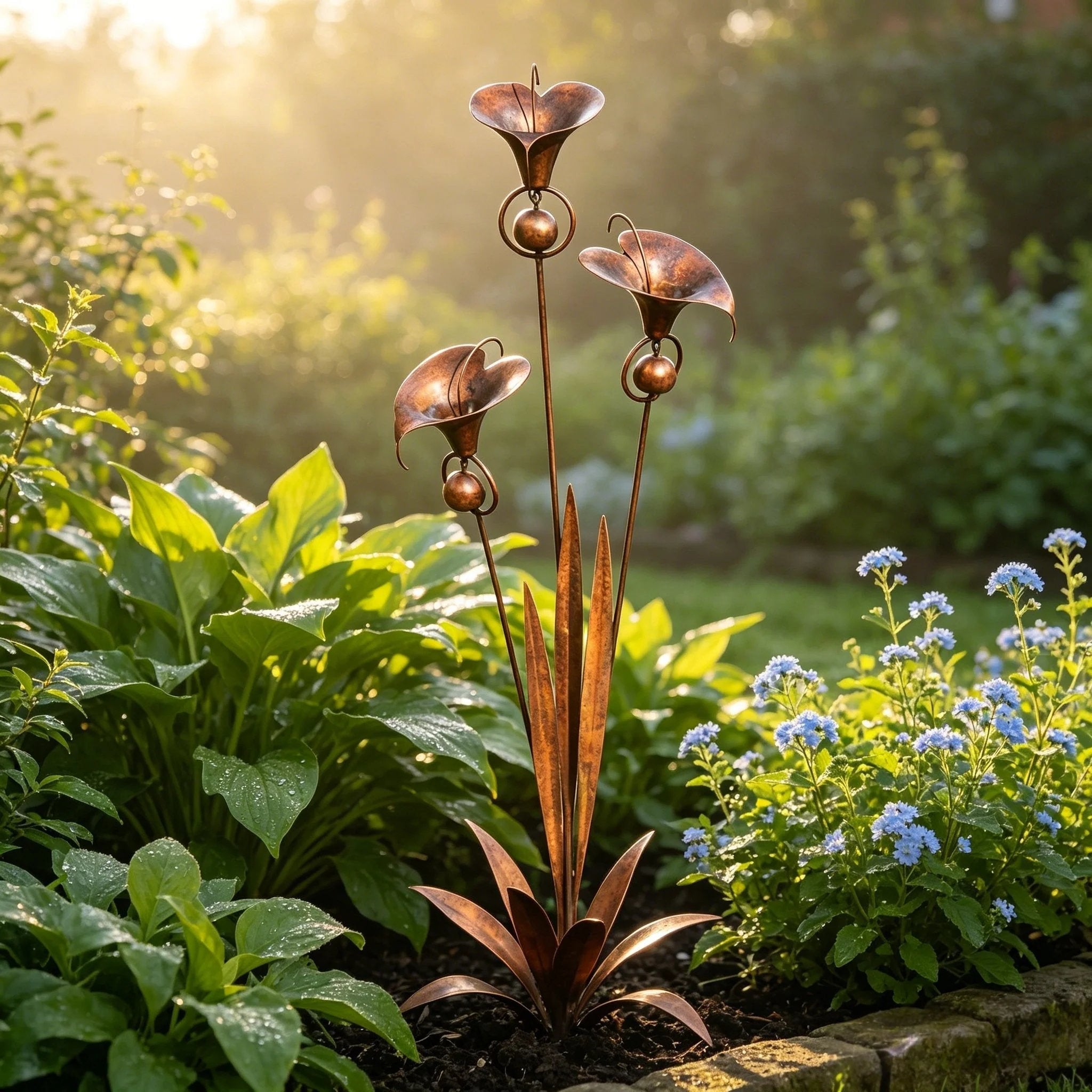 🌼Flamed Copper Three Calla Lilies Garden Stake with Bells🔔