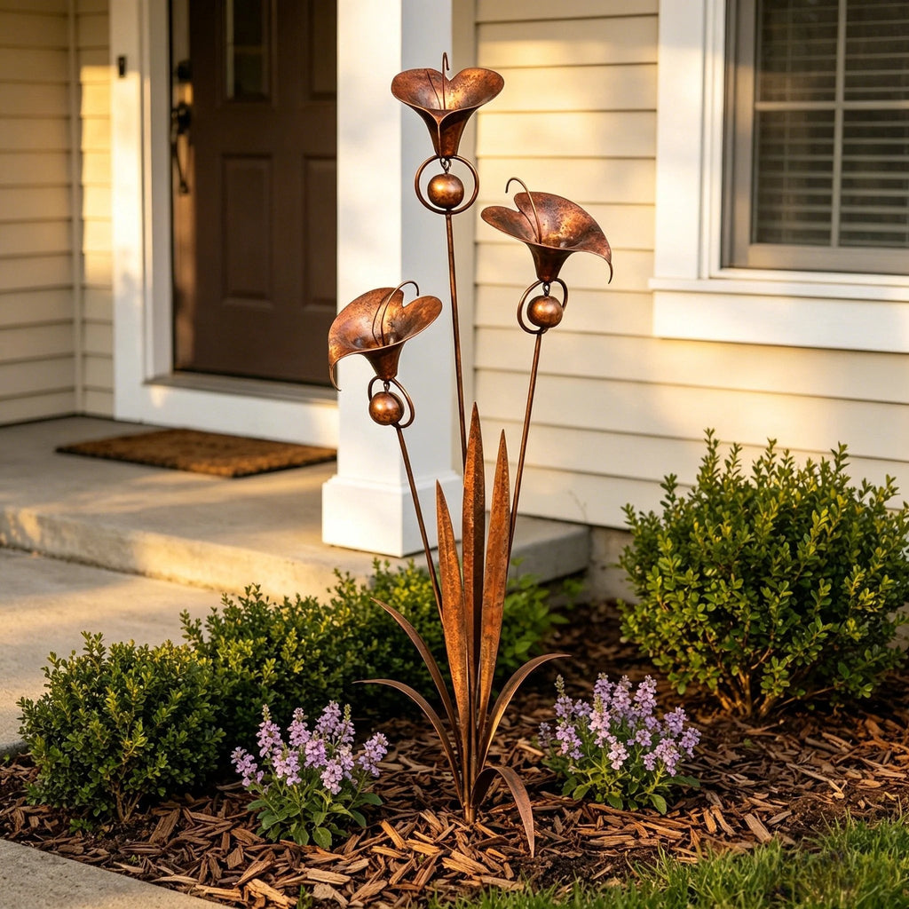 🌼Flamed Copper Three Calla Lilies Garden Stake with Bells🔔