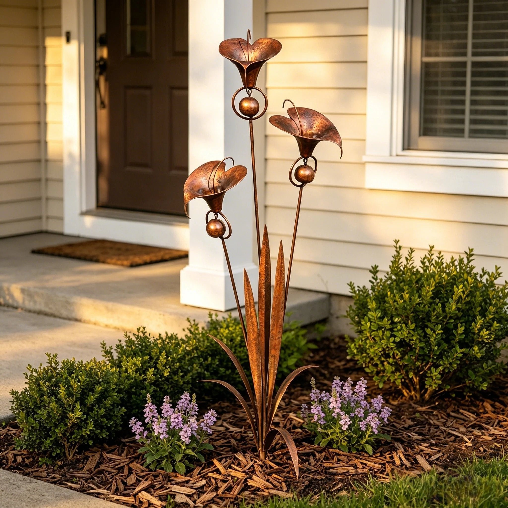 🌼Flamed Copper Three Calla Lilies Garden Stake with Bells🔔