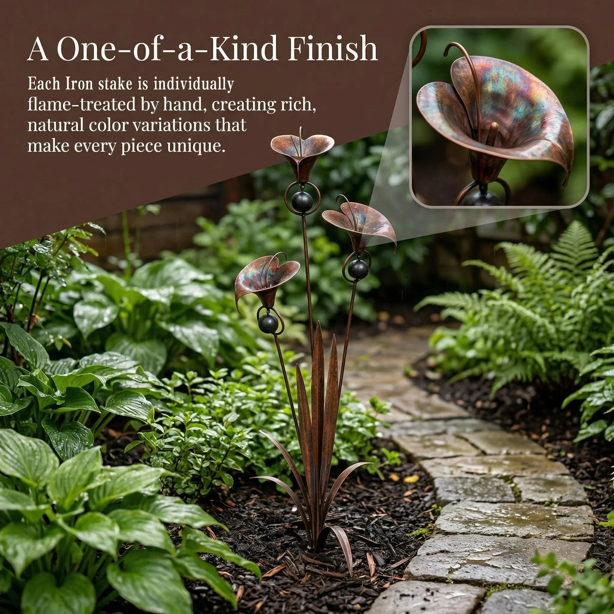 🌼Flamed Copper Three Calla Lilies Garden Stake with Bells🔔