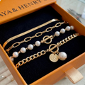 Chic Gold 4-Piece Bracelet Set - Snake, Pearls & Links | Gold